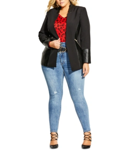 City Chic Trendy Plus Size Faux-leather-trimmed Blazer In Black