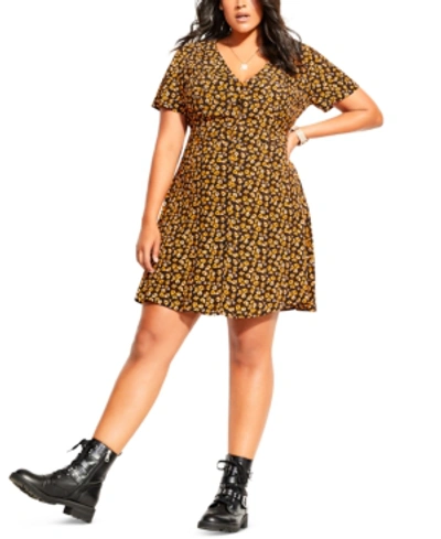 City Chic Trendy Plus Size Ditsy Floral-print Fit & Flare Dress In Golden Ditsy
