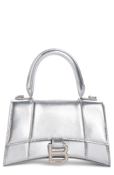 Balenciaga Extra Small Hourglass Leather Top Handle Bag In Silver