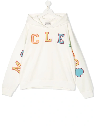 Moncler Teen Logo Embroidered Hoodie In White
