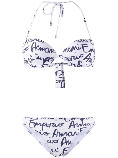 Emporio Armani Hand Written Logo-print Underwired Bikini In White