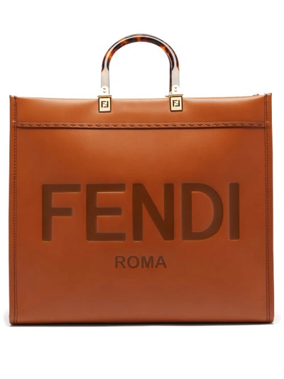 Fendi Sunshine Shopper Debossed Leather Tote In Brown