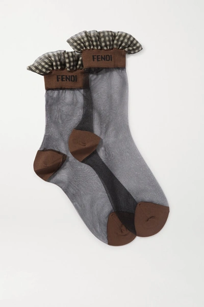 Fendi Ruffled Gingham-trimmed Stretch-tulle Socks In Black