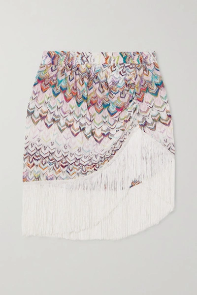Missoni Wrap-effect Fringed Metallic Crochet-knit Mini Skirt In White