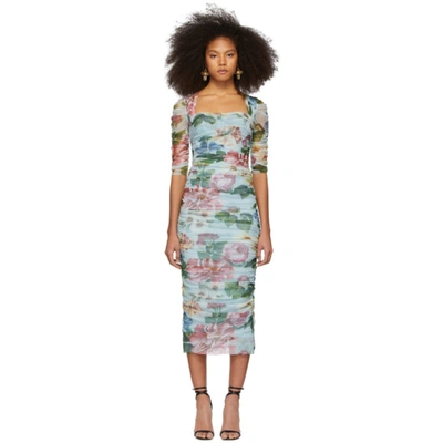 Dolce & Gabbana Ruched Floral-print Cotton-tulle Midi Dress In Light Blue,blue,red