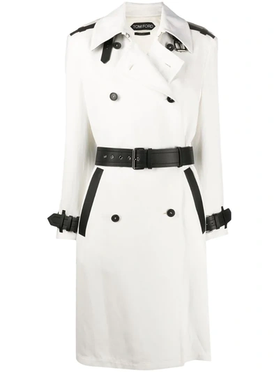 Tom Ford Two-tone Leather-trimmed Canvas Trench Coat In White