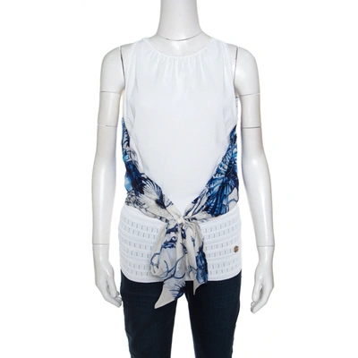 Pre-owned Roberto Cavalli White And Blue Printed Cutout Back Front Tie Sleeveless Top S
