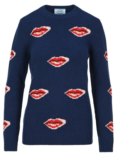 Prada Lip Intarsia Sweater In Blue