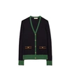 Tory Burch Madeline Contrast-trim Cardigan In Medium Navy/nordic Green/bias Orange