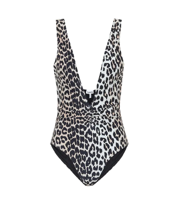 Ganni Embellished Ruched Leopard-print Swimsuit | ModeSens
