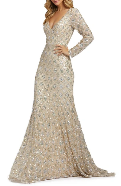 Mac Duggal Long Sleeve Sequin Gown In Nude Rose