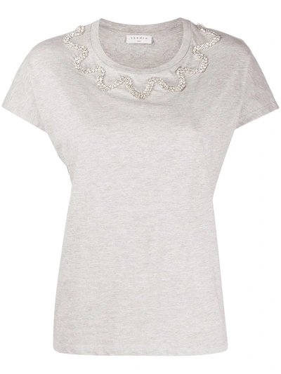 Sandro Wavy Crystal-embellished Mélange Cotton-blend Jersey T-shirt In Grey