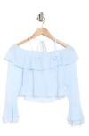 19 Cooper Ruffle Off The Shoulder Knit Top In Dusty Blue