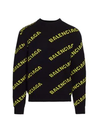 Balenciaga Crewneck Pullover With All-over Logo In Wool In Black