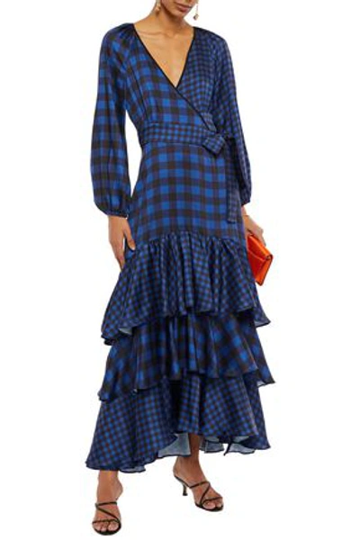 Paper London Neli Tiered Gingham Silk-twill Maxi Wrap Dress In Navy
