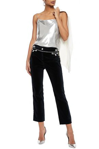 Paco Rabanne Cropped Embroidered Cotton-velvet Straight-leg Pants In Midnight Blue