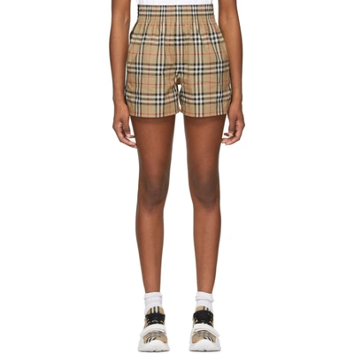 Burberry Audrey Check Side Stripe Stretch Cotton Shorts In Brown