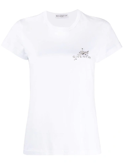 Givenchy Crystal Embellished Beaded Logo Cotton T-shirt In White/ Silver