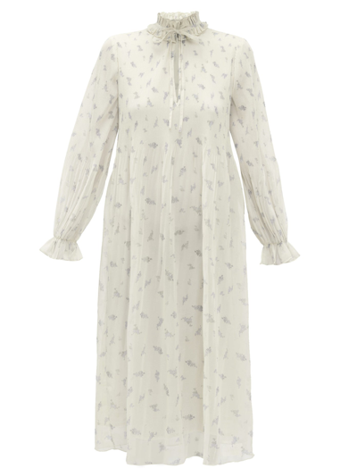 Ganni Floral Print Pleated Georgette Long Sleeve Midi Dress In Egret 135