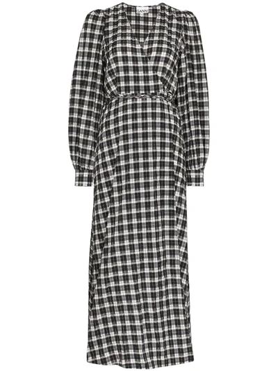 Ganni Long Sleeve Check Seersucker Wrap Dress In Black