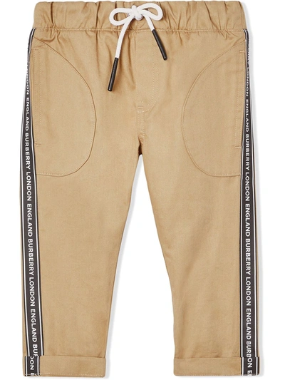 Burberry Light Brown Baby Trousers With Logo Bands In Beige