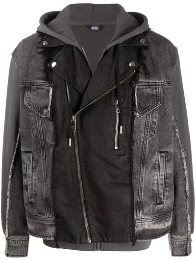 Diesel Patchwork Jacket With Sleeveless Hoodie In Black