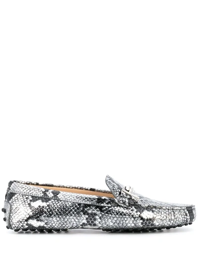 Tod's Gommino Snake Print Driving Shoes In Silver