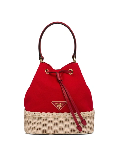 Prada Wicker Bucket Bag In Red