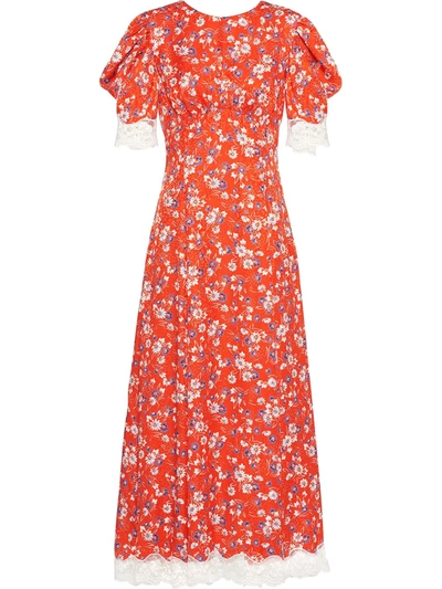 Miu Miu Floral Print Lace Trim Dress In Red