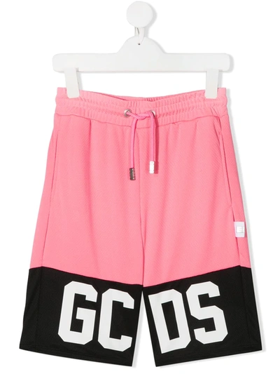 Gcds Kids' Colour-block Logo Sweat Shorts In Pink