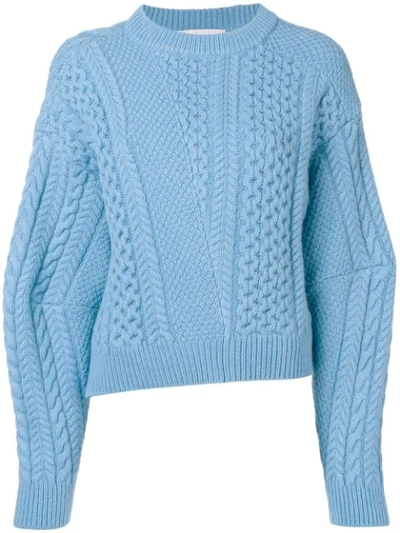 Stella Mccartney Patchwork-effect Cable-knit Wool And Alpaca-blend Sweater In Light Blue