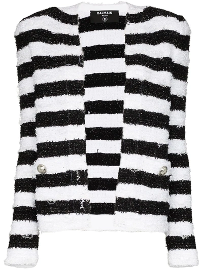 Balmain Striped Tweed Jacket In Black