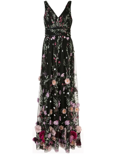 Marchesa Notte Women's Embroidered Flower Gown In Black