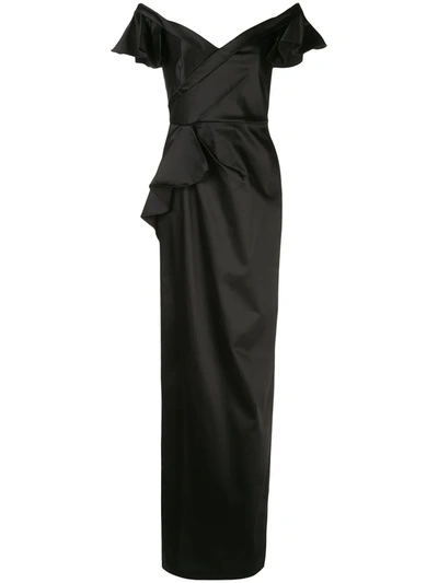 Marchesa Notte Off-the-shoulder Fitted Gown In Black