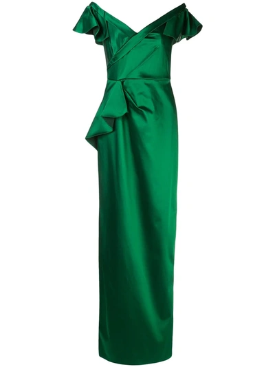 Marchesa Notte Ruffled Fitted Long Dress In Green