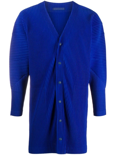 Issey Miyake Pleated Longline Cardigan In Blue
