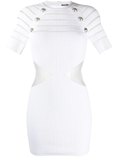 Balmain Sheer Panel Knitted Bodycon Dress In White