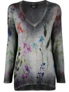 Avant Toi Flower Print W/brushes V Neck Pullover In Grey