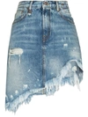R13 Asymmetrical Distressed Denim Mini Skirt In Medium Wash Denim