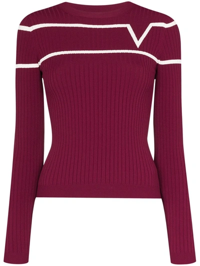 Valentino Striped Logo-print Ribbed-knit Jumper In Red