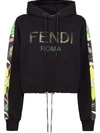 Fendi Floral Logo Crop Drawstring Hoodie In Black,green
