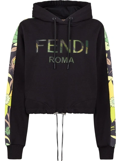 Fendi Floral Logo Crop Drawstring Hoodie In Black