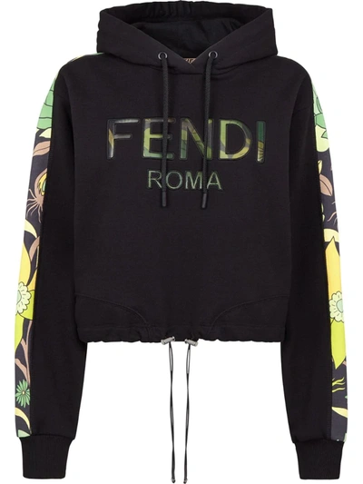 Fendi Floral Logo Crop Drawstring Hoodie In Black,green