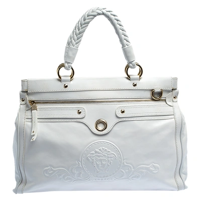 Pre-owned Versace White Leather Logo Embossed Tote
