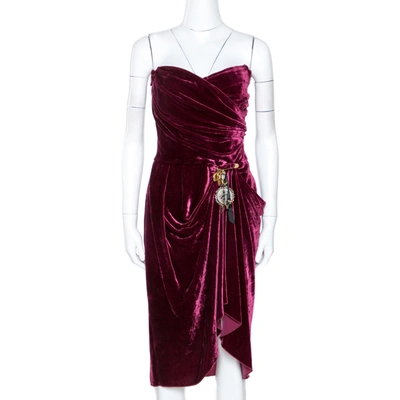 Pre-owned Dolce & Gabbana Burgundy Velvet Draped Strapless Dress M