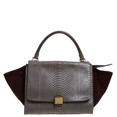 Pre-owned Celine Burgundy/grey Python And Suede Medium Trapeze Tote