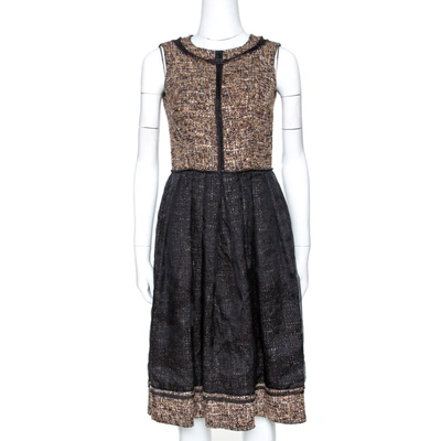 Pre-owned Dolce & Gabbana D & G Black And Brown Tweed Silk Overlay Flared Dress Xs