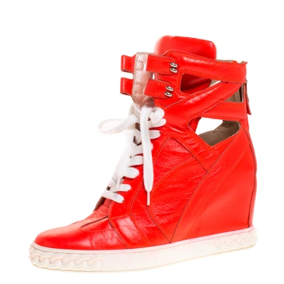 Pre-owned Casadei Orange Leather Wedge High Top Sneakers Size 40