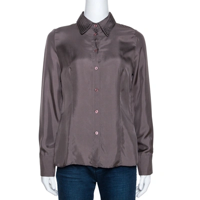 Pre-owned Emporio Armani Taupe Silk Collar Detail Shirt S In Grey