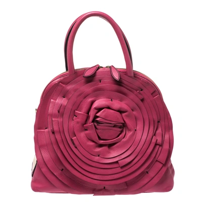 Pre-owned Valentino Garavani Fuchsia Leather Petale Rose Dome Satchel In Pink